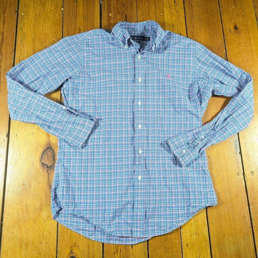 Ralph Lauren Mens M Button Down Shirt Blue Plaid Custom Fit Cotton